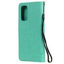 For OPPO Reno5 5G Tree & Cat Pattern Pressed Printing Horizontal Flip PU Leather Case with Holder & Card Slots & Wallet & Lanyard(Green)