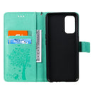 For OPPO Reno5 5G Tree & Cat Pattern Pressed Printing Horizontal Flip PU Leather Case with Holder & Card Slots & Wallet & Lanyard(Green)