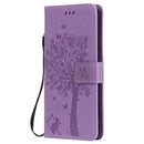 For OPPO Reno5 5G Tree & Cat Pattern Pressed Printing Horizontal Flip PU Leather Case with Holder & Card Slots & Wallet & Lanyard(Light Purple)