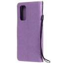 For OPPO Reno5 5G Tree & Cat Pattern Pressed Printing Horizontal Flip PU Leather Case with Holder & Card Slots & Wallet & Lanyard(Light Purple)