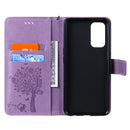 For OPPO Reno5 5G Tree & Cat Pattern Pressed Printing Horizontal Flip PU Leather Case with Holder & Card Slots & Wallet & Lanyard(Light Purple)
