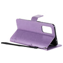 For OPPO Reno5 5G Tree & Cat Pattern Pressed Printing Horizontal Flip PU Leather Case with Holder & Card Slots & Wallet & Lanyard(Light Purple)