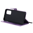 For OPPO Reno5 5G Tree & Cat Pattern Pressed Printing Horizontal Flip PU Leather Case with Holder & Card Slots & Wallet & Lanyard(Light Purple)
