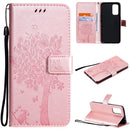 For OPPO Reno5 5G Tree & Cat Pattern Pressed Printing Horizontal Flip PU Leather Case with Holder & Card Slots & Wallet & Lanyard(Rose Gold)