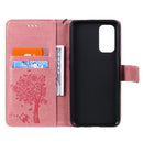 For OPPO Reno5 5G Tree & Cat Pattern Pressed Printing Horizontal Flip PU Leather Case with Holder & Card Slots & Wallet & Lanyard(Rose Gold)