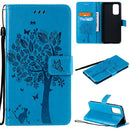 For OPPO Reno5 5G Tree & Cat Pattern Pressed Printing Horizontal Flip PU Leather Case with Holder & Card Slots & Wallet & Lanyard(Blue)