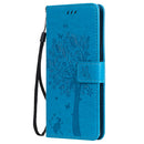 For OPPO Reno5 5G Tree & Cat Pattern Pressed Printing Horizontal Flip PU Leather Case with Holder & Card Slots & Wallet & Lanyard(Blue)