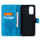 For OPPO Reno5 5G Tree & Cat Pattern Pressed Printing Horizontal Flip PU Leather Case with Holder & Card Slots & Wallet & Lanyard(Blue)