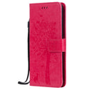 For OPPO Reno5 5G Tree & Cat Pattern Pressed Printing Horizontal Flip PU Leather Case with Holder & Card Slots & Wallet & Lanyard(Rose Red)