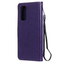 For OPPO Reno5 5G Tree & Cat Pattern Pressed Printing Horizontal Flip PU Leather Case with Holder & Card Slots & Wallet & Lanyard(Purple)