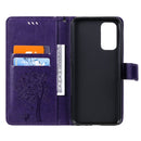 For OPPO Reno5 5G Tree & Cat Pattern Pressed Printing Horizontal Flip PU Leather Case with Holder & Card Slots & Wallet & Lanyard(Purple)