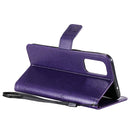 For OPPO Reno5 5G Tree & Cat Pattern Pressed Printing Horizontal Flip PU Leather Case with Holder & Card Slots & Wallet & Lanyard(Purple)