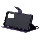 For OPPO Reno5 5G Tree & Cat Pattern Pressed Printing Horizontal Flip PU Leather Case with Holder & Card Slots & Wallet & Lanyard(Purple)
