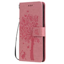 For OPPO Reno5 5G Tree & Cat Pattern Pressed Printing Horizontal Flip PU Leather Case with Holder & Card Slots & Wallet & Lanyard(Pink)