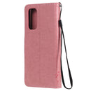 For OPPO Reno5 5G Tree & Cat Pattern Pressed Printing Horizontal Flip PU Leather Case with Holder & Card Slots & Wallet & Lanyard(Pink)