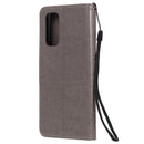 For OPPO Reno5 5G Tree & Cat Pattern Pressed Printing Horizontal Flip PU Leather Case with Holder & Card Slots & Wallet & Lanyard(Gray)
