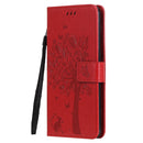 For OPPO Reno5 5G Tree & Cat Pattern Pressed Printing Horizontal Flip PU Leather Case with Holder & Card Slots & Wallet & Lanyard(Red)