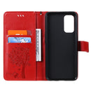 For OPPO Reno5 5G Tree & Cat Pattern Pressed Printing Horizontal Flip PU Leather Case with Holder & Card Slots & Wallet & Lanyard(Red)