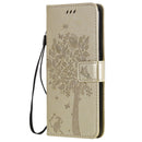 For OPPO Reno5 5G Tree & Cat Pattern Pressed Printing Horizontal Flip PU Leather Case with Holder & Card Slots & Wallet & Lanyard(Gold)