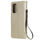 For OPPO Reno5 5G Tree & Cat Pattern Pressed Printing Horizontal Flip PU Leather Case with Holder & Card Slots & Wallet & Lanyard(Gold)