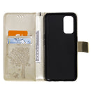 For OPPO Reno5 5G Tree & Cat Pattern Pressed Printing Horizontal Flip PU Leather Case with Holder & Card Slots & Wallet & Lanyard(Gold)