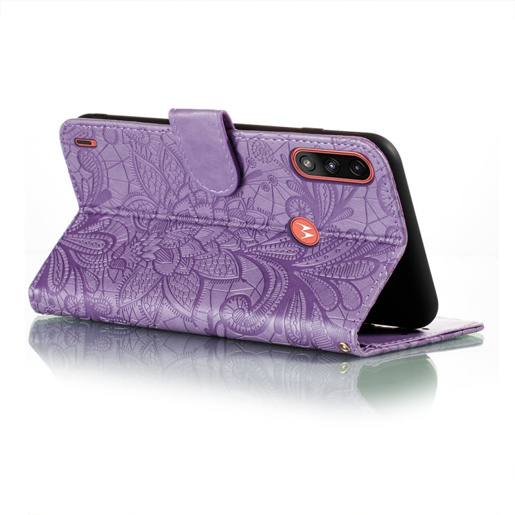 For Motorola Moto E7 Power Lace Flower Embossing Pattern Horizontal Flip Leather Case with Holder & Card Slots & Wallet & Photo Frame(Purple)