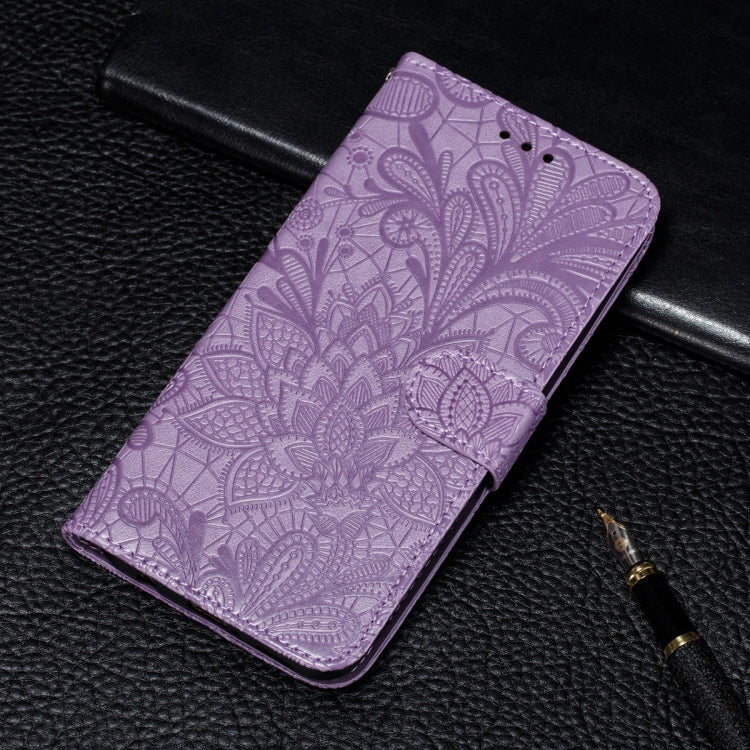 For Motorola Moto E7 Power Lace Flower Embossing Pattern Horizontal Flip Leather Case with Holder & Card Slots & Wallet & Photo Frame(Purple)