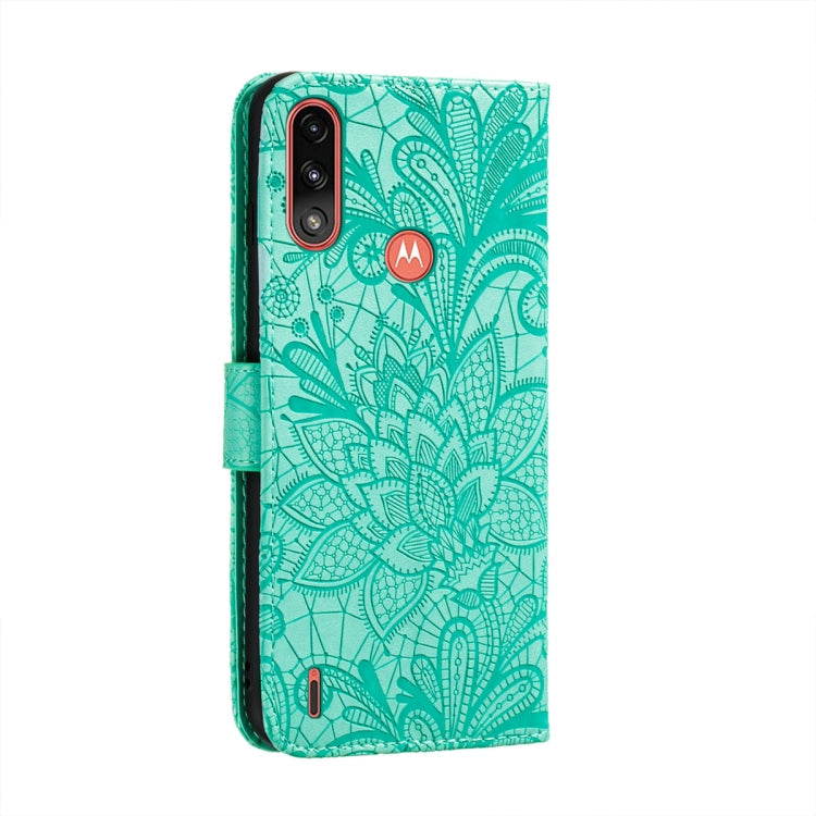 For Motorola Moto E7 Power Lace Flower Embossing Pattern Horizontal Flip Leather Case with Holder & Card Slots & Wallet & Photo Frame(Green)