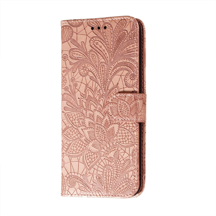 For Motorola Moto E7 Power Lace Flower Embossing Pattern Horizontal Flip Leather Case with Holder & Card Slots & Wallet & Photo Frame(Rose Gold)