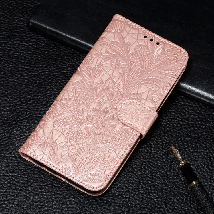 For Motorola Moto E7 Power Lace Flower Embossing Pattern Horizontal Flip Leather Case with Holder & Card Slots & Wallet & Photo Frame(Rose Gold)