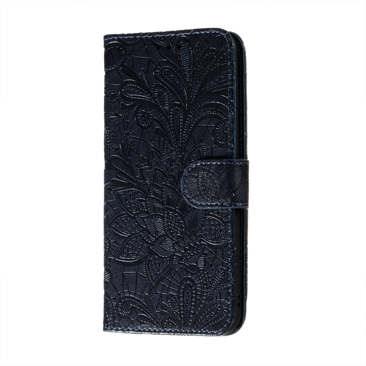 For Motorola Moto E7 Power Lace Flower Embossing Pattern Horizontal Flip Leather Case with Holder & Card Slots & Wallet & Photo Frame(Dark Blue)