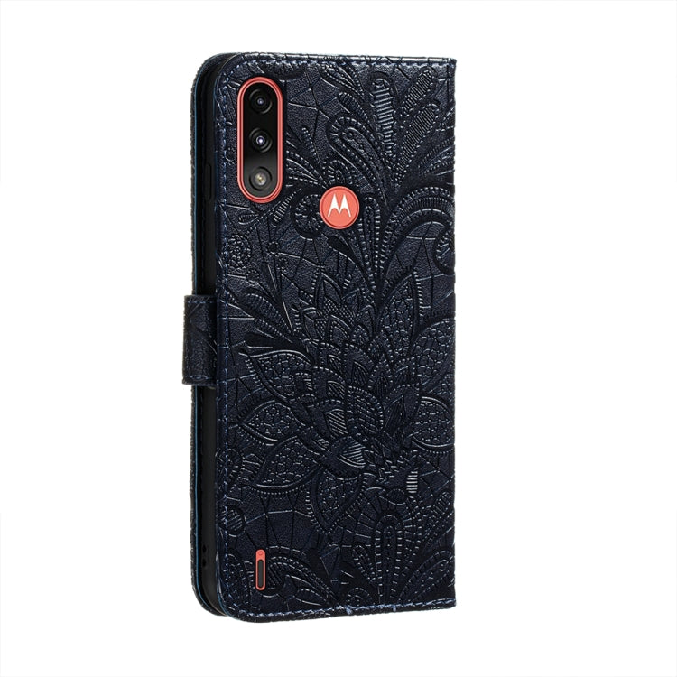 For Motorola Moto E7 Power Lace Flower Embossing Pattern Horizontal Flip Leather Case with Holder & Card Slots & Wallet & Photo Frame(Dark Blue)