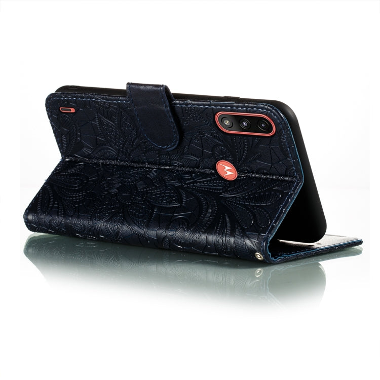 For Motorola Moto E7 Power Lace Flower Embossing Pattern Horizontal Flip Leather Case with Holder & Card Slots & Wallet & Photo Frame(Dark Blue)