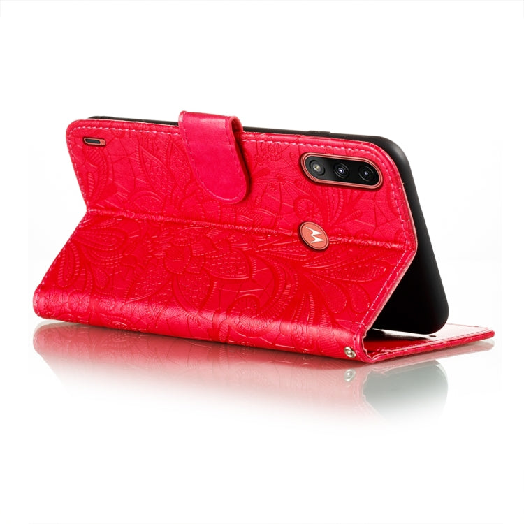For Motorola Moto E7 Power Lace Flower Embossing Pattern Horizontal Flip Leather Case with Holder & Card Slots & Wallet & Photo Frame(Red)