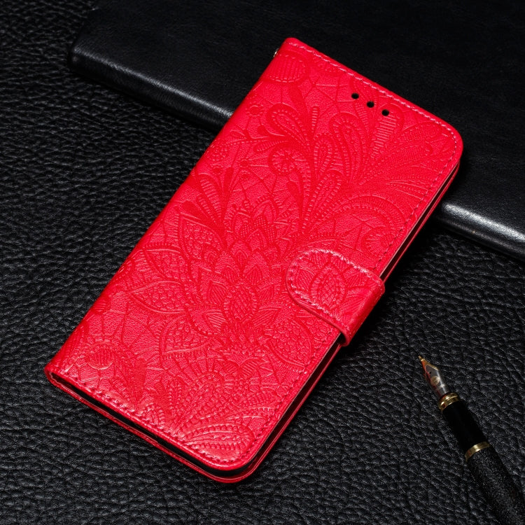 For Motorola Moto E7 Power Lace Flower Embossing Pattern Horizontal Flip Leather Case with Holder & Card Slots & Wallet & Photo Frame(Red)