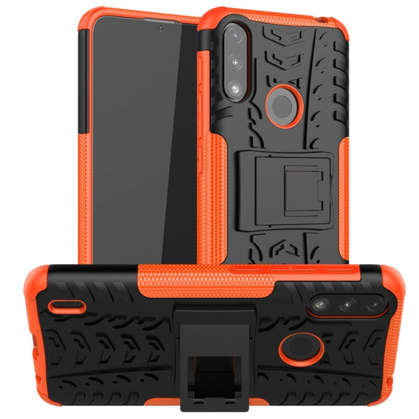 For Motorola Moto E7 Power Tire Texture Shockproof TPU+PC Protective Case with Holder(Orange)