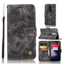 For OnePlus 6 Retro Copper Buckle Crazy Horse Horizontal Flip PU Leather Case with Holder & Card Slots & Wallet & Lanyard(Gray)