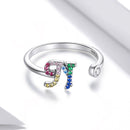 S925 Sterling Silver 26 English Letters Colorful Zircon Women Open Ring, Style:N
