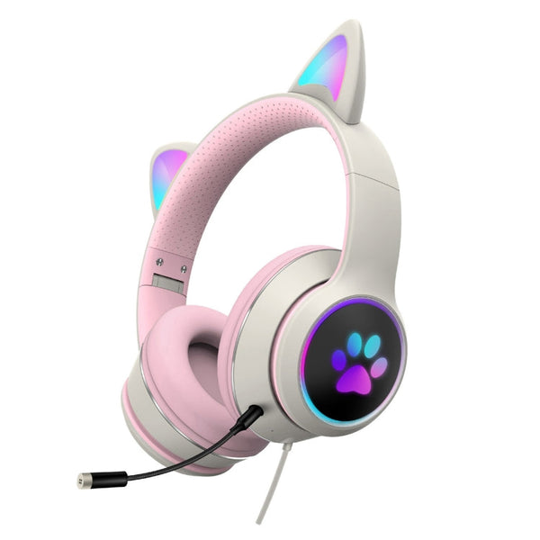 AKZ-022 USB + 3.5mm Port Cat Ear Design Foldable LED Headset with Mic(Grey)