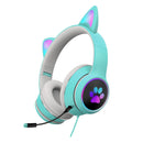 AKZ-022 USB + 3.5mm Port Cat Ear Design Foldable LED Headset with Mic(Light Blue)