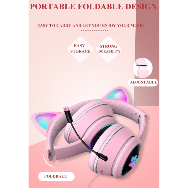 AKZ-022 USB + 3.5mm Port Cat Ear Design Foldable LED Headset with Mic(Pink)