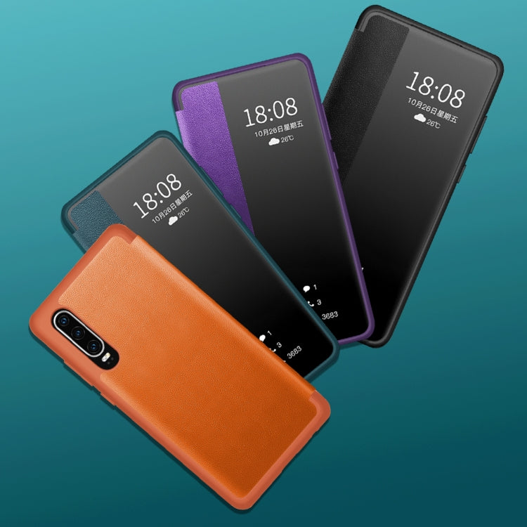 For Huawei P30 Pro Magnetic Side Window View Shockproof Horizontal Flip Leather Smart Case(Cyan)