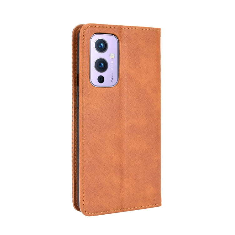 For OnePlus 9 (Europe and America Version) Magnetic Buckle Retro Crazy Horse Texture Horizontal Flip Leather Case with Holder & Card Slots & Photo Frame(Brown)