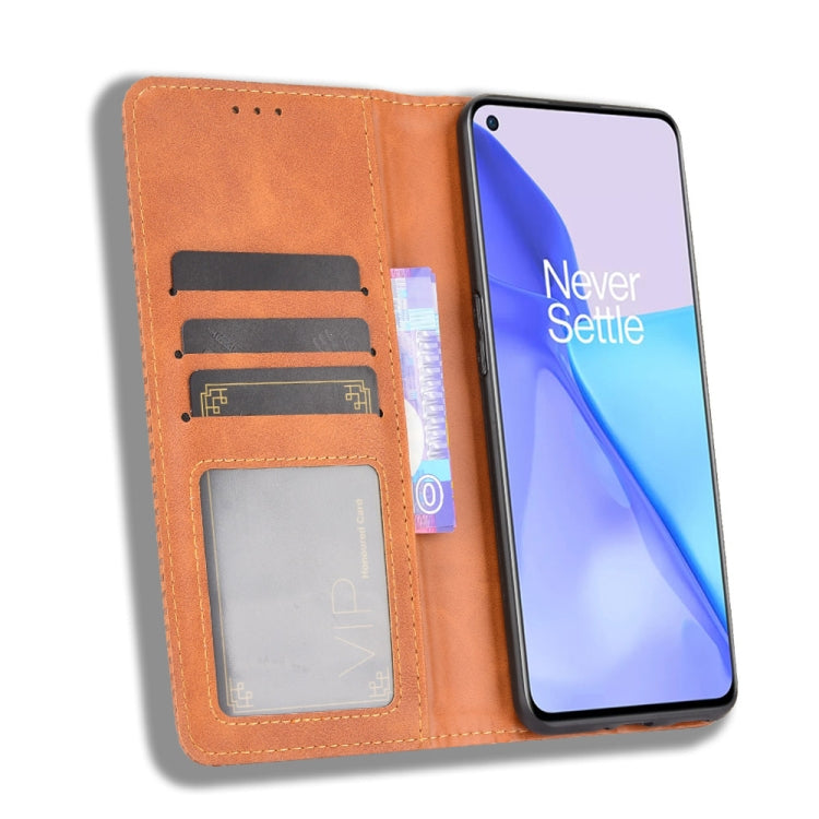 For OnePlus 9 (Europe and America Version) Magnetic Buckle Retro Crazy Horse Texture Horizontal Flip Leather Case with Holder & Card Slots & Photo Frame(Brown)
