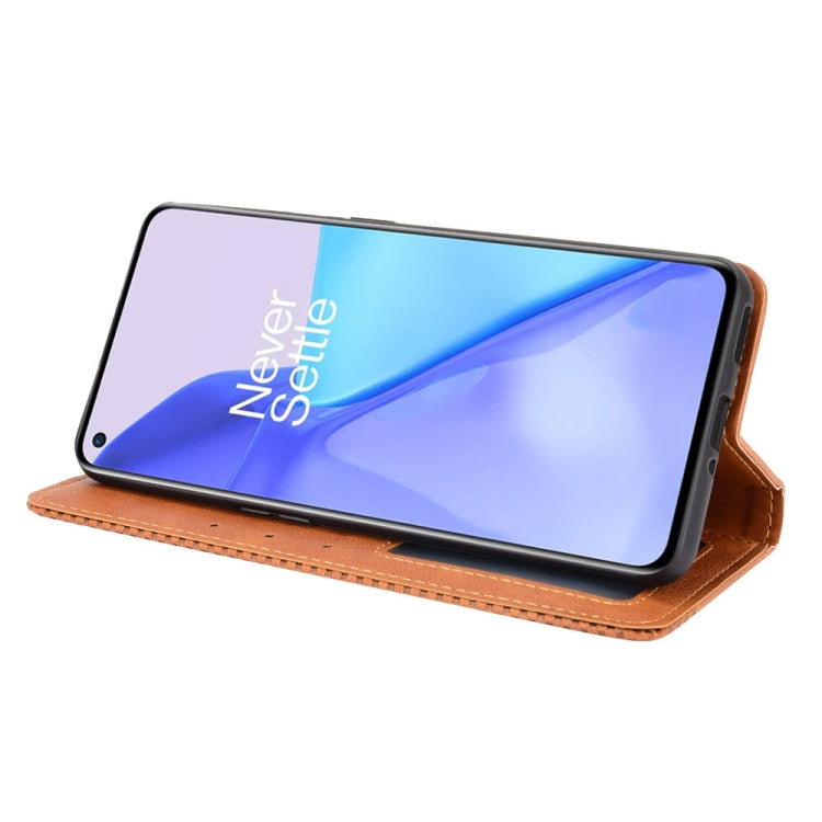 For OnePlus 9 (Europe and America Version) Magnetic Buckle Retro Crazy Horse Texture Horizontal Flip Leather Case with Holder & Card Slots & Photo Frame(Brown)
