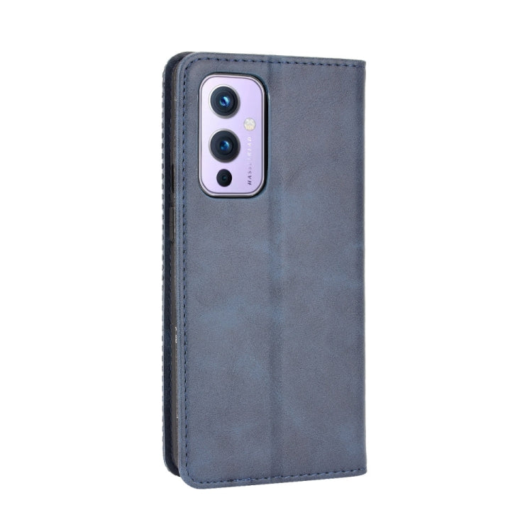 For OnePlus 9 (Europe and America Version) Magnetic Buckle Retro Crazy Horse Texture Horizontal Flip Leather Case with Holder & Card Slots & Photo Frame(Blue)