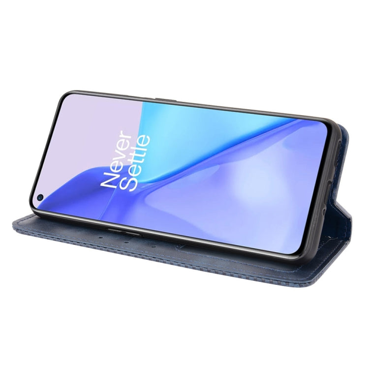 For OnePlus 9 (Europe and America Version) Magnetic Buckle Retro Crazy Horse Texture Horizontal Flip Leather Case with Holder & Card Slots & Photo Frame(Blue)