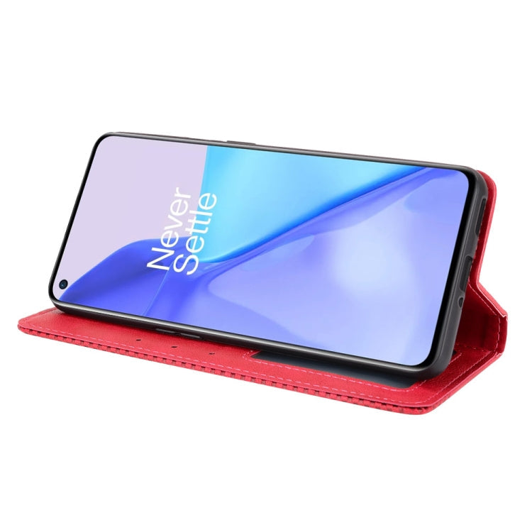 For OnePlus 9 (Europe and America Version) Magnetic Buckle Retro Crazy Horse Texture Horizontal Flip Leather Case with Holder & Card Slots & Photo Frame(Red)