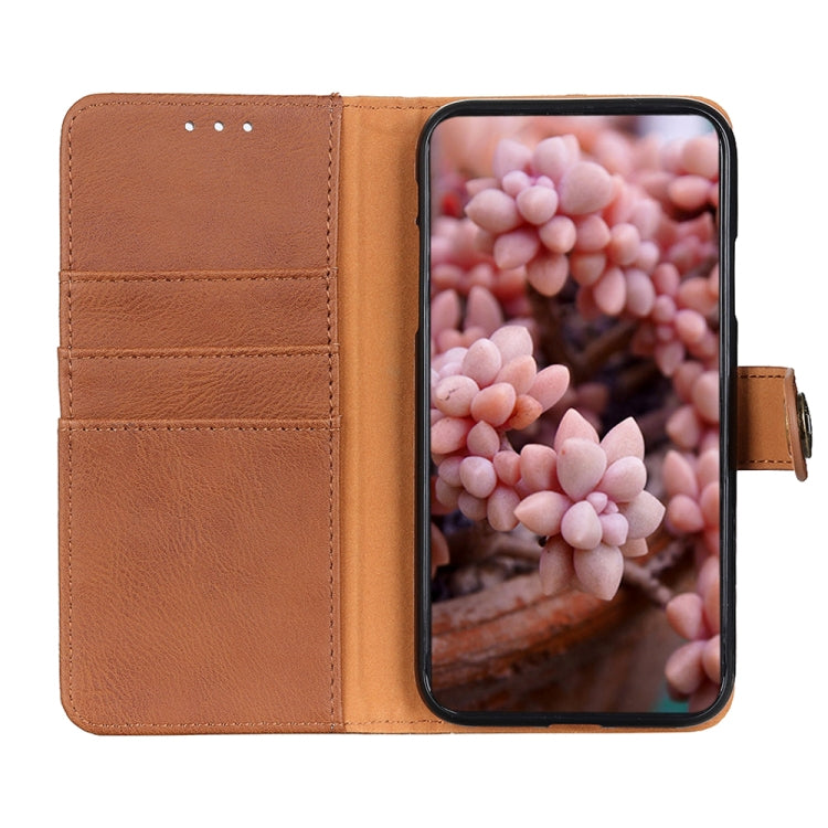 For Samsung Galaxy S21 FE KHAZNEH Cowhide Texture Horizontal Flip Leather Case with Holder & Card Slots & Wallet(Brown)