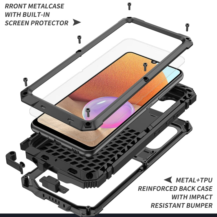 For Samsung Galaxy A32 4G R-JUST Waterproof Shockproof Dustproof Metal + Silicone Protective Case with Holder(Black)
